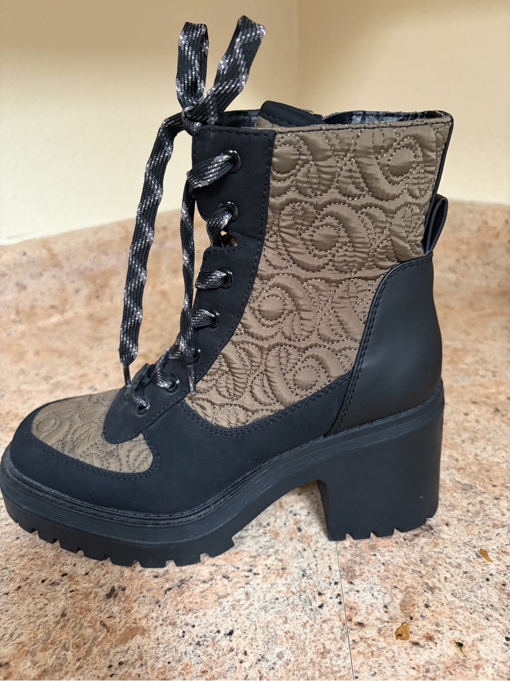 Sam & Libby Black and Taupe Quilted Lace-Up Block Heel Boot